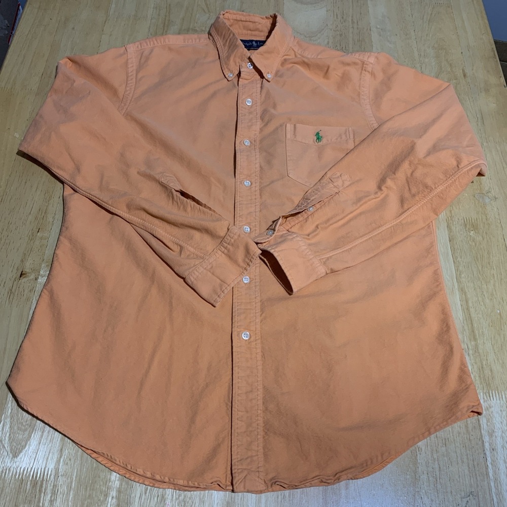 Ralph‎ Lauren Shirt Mens Large Orange Pony Green Cotton Button Down Long Sleeve